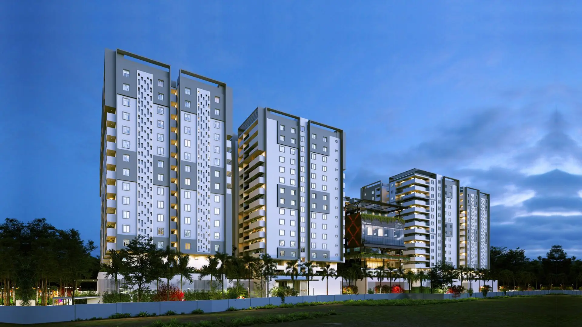The five residential towers and central clubhouse at AR Homes Rise